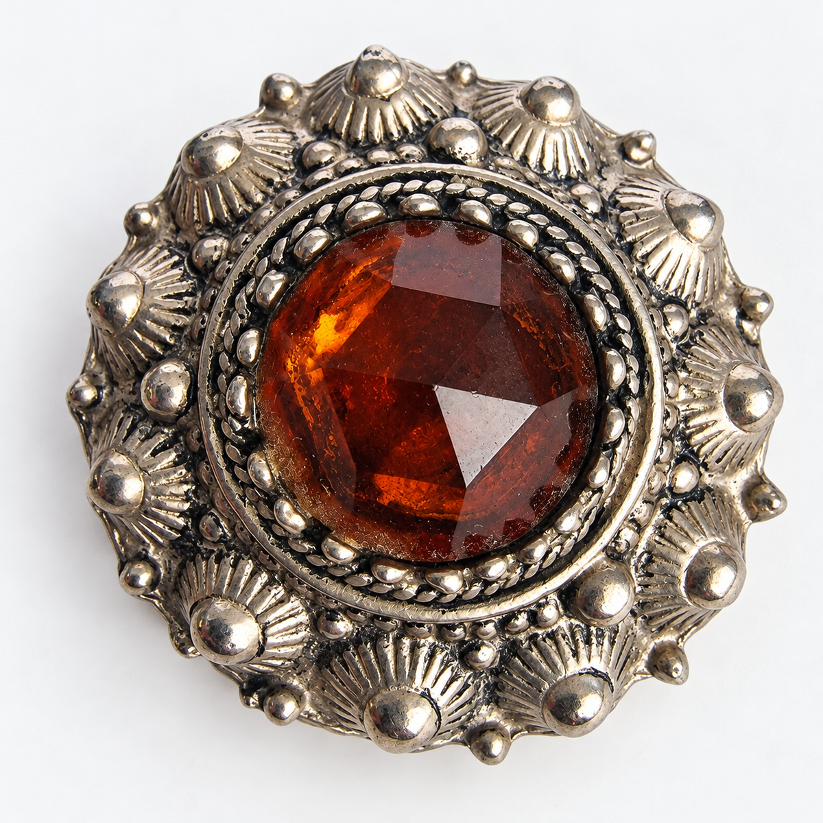 Vintage 1970s Silver-Tone Ornate Dome Brooch Amber Glass Rhinestone Costume Pin
