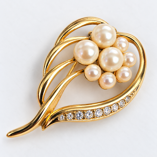 Vintage 1970s Gold-Tone Faux Pearl Rhinestone Leaf Brooch Floral Gold Costume