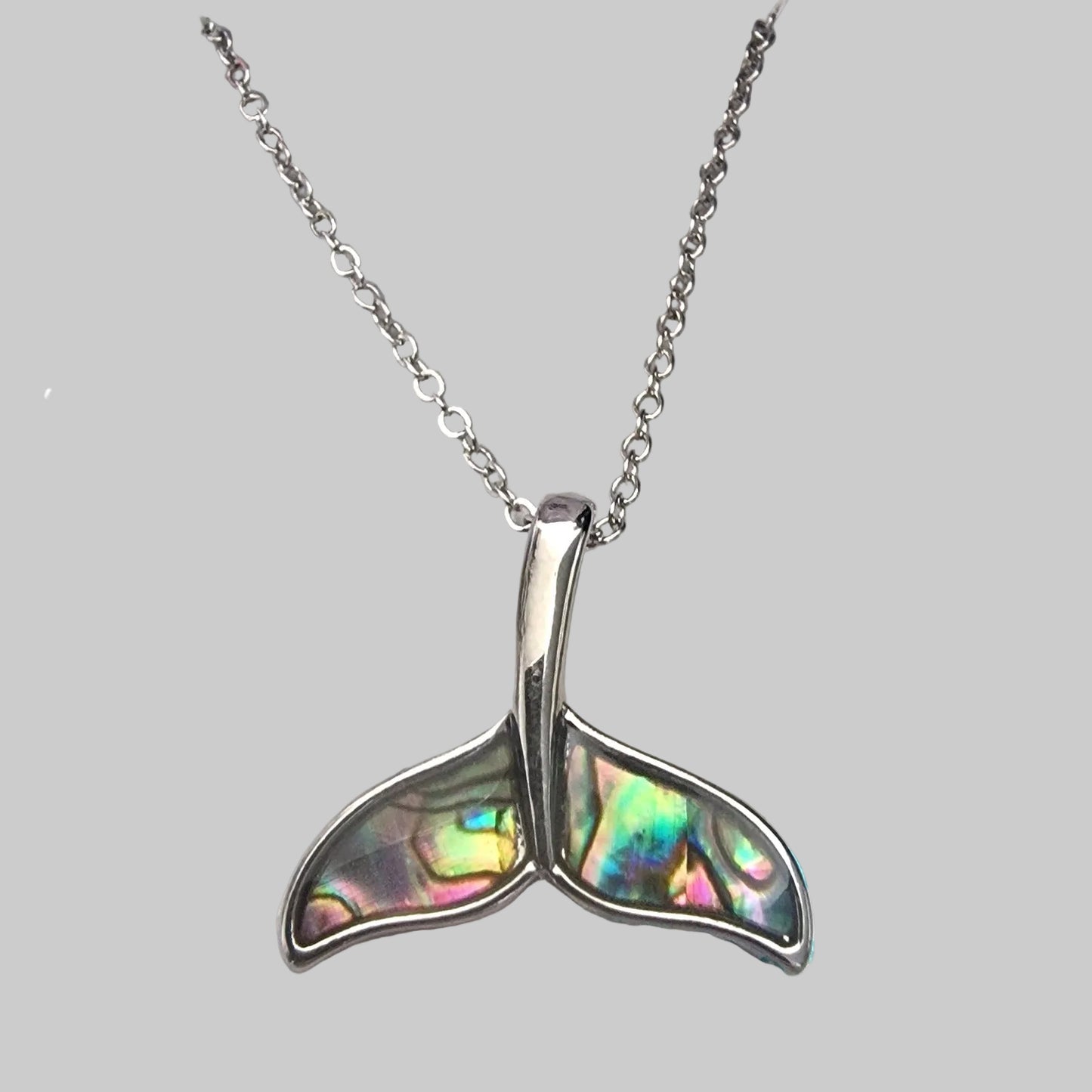 Abalone Whale Tail Pendant Necklace, Stainless Steel, Ocean Animal Jewelry, Abalone Shell Inlay