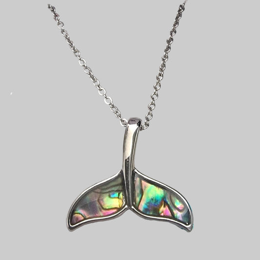 Abalone Whale Tail Pendant Necklace, Stainless Steel, Ocean Animal Jewelry, Abalone Shell Inlay