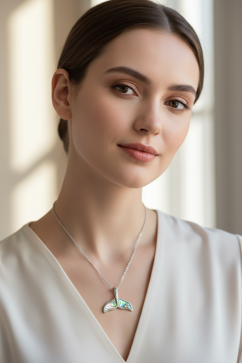 Abalone Whale Tail Pendant Necklace, Stainless Steel, Ocean Animal Jewelry, Abalone Shell Inlay