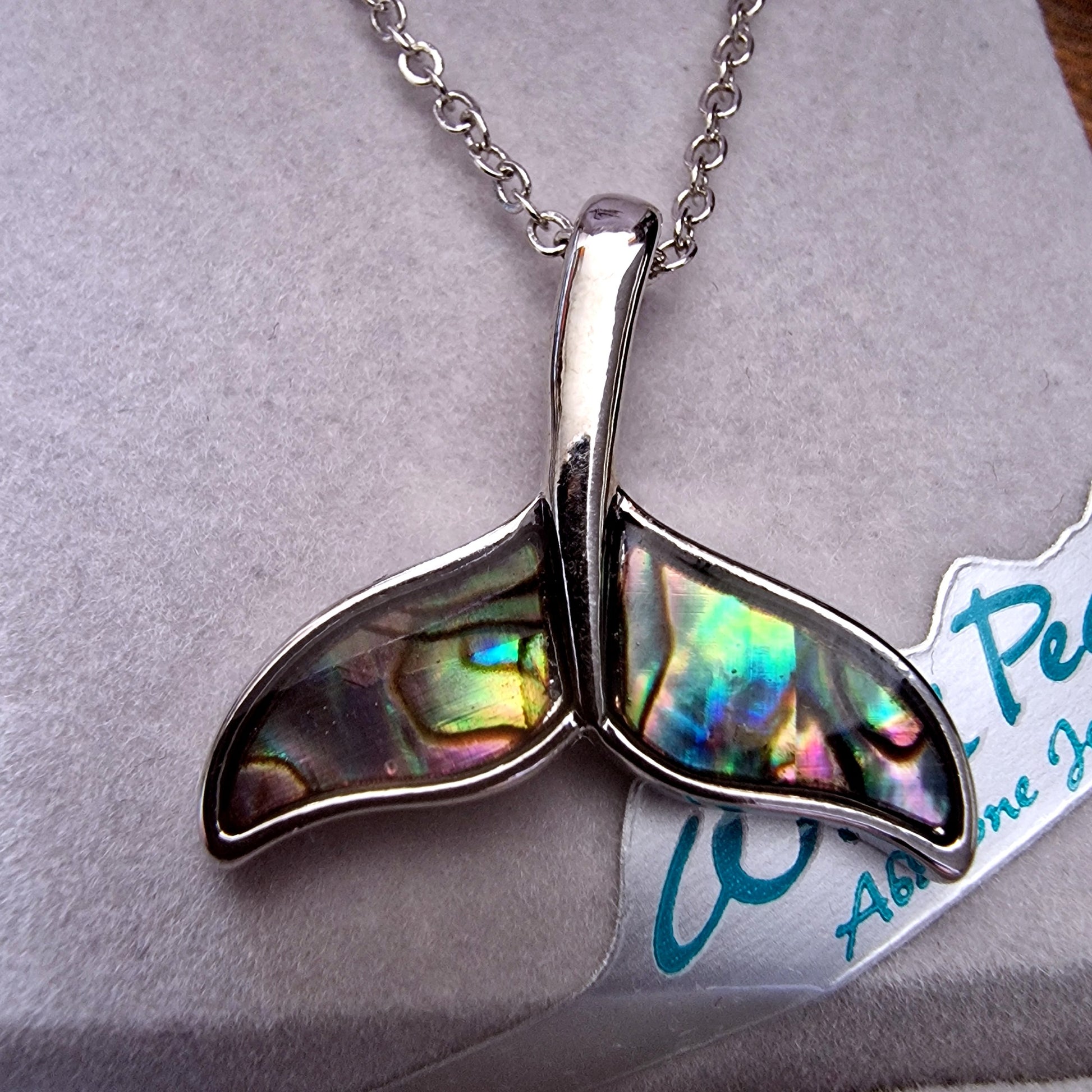 Abalone Whale Tail Pendant Necklace, Stainless Steel, Ocean Animal Jewelry, Abalone Shell Inlay – photo 3