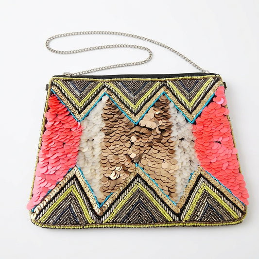 Front view of Atmosphere multicolour beaded sequin clutch bag with geometric pattern