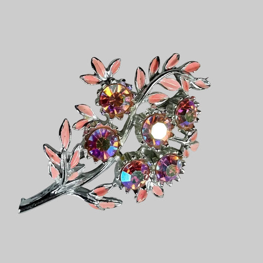 Vintage Silver-Tone Aurora Borealis Pink Rhinestone 1960s Floral Bouquet Brooch