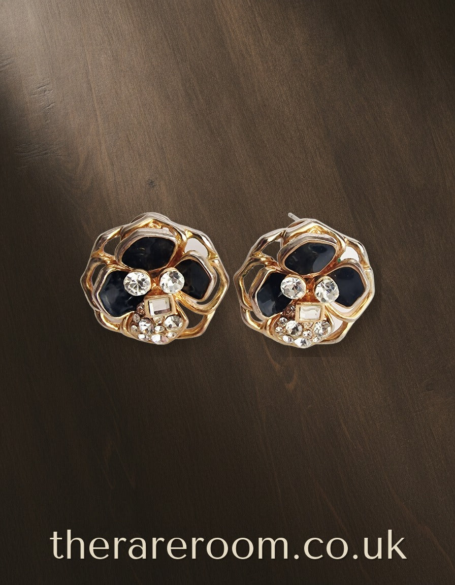 Vintage 1980s Gold-Tone Openwork Floral Dome Pierced Earrings Black Rhinestone — pinterest
