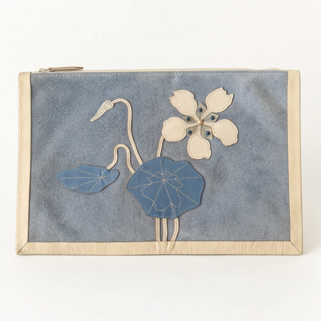 Barbara Maertens vintage women's blue suede and cream leather floral clutch bag