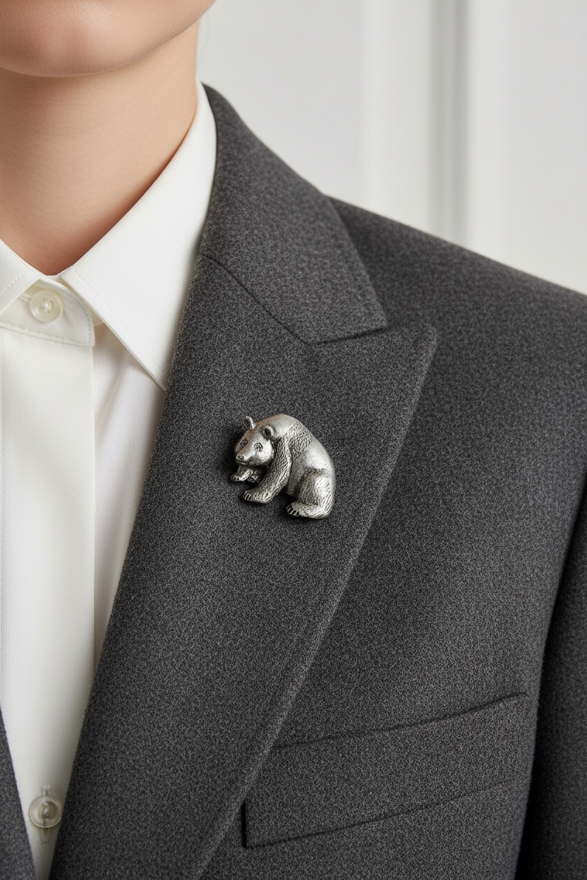Vintage Silver-Tone Bear Brooch Figural Sculptural Fur-Textured Animal Pin 1970s