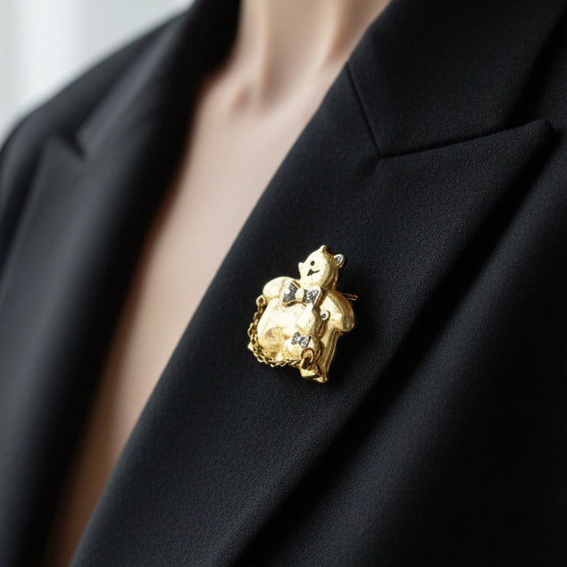Vintage Gold-Tone Bear Mum Brooch Figural Animal Rhinestone Pin