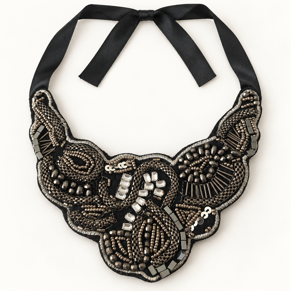 Women's black and silver embellished bib statement necklace with black ribbon tie