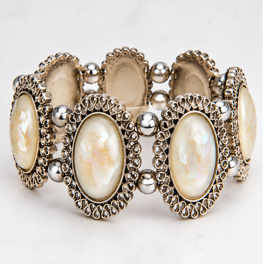 Vintage 1970s Silver-Tone Mother Of Pearl Filigree Wide Link Bracelet Signed Km