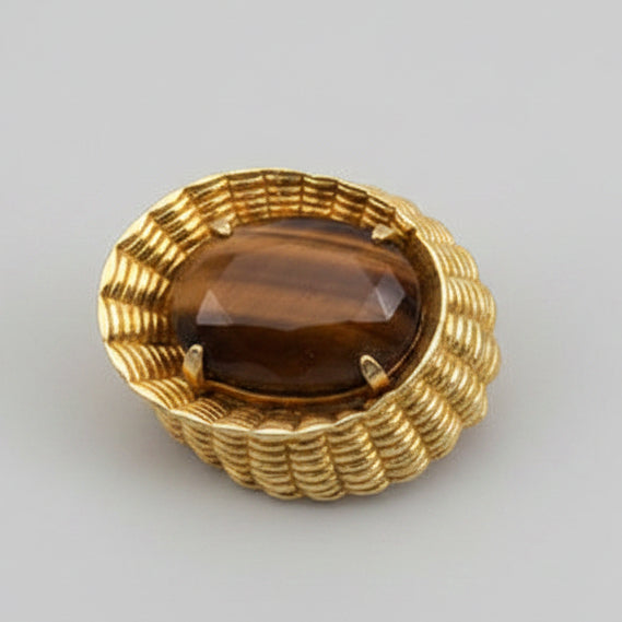 1970s Gold-Tone Oval Brooch, Banded Stone Cabochon, Basket-Weave Frame, Retro Costume Jewelry Pin – photo 4