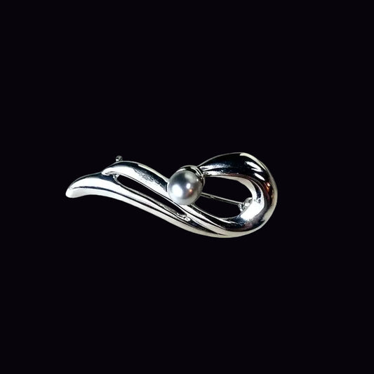 Vintage Silver-Tone Abstract Wave Brooch Faux Pearl Swirl Costume Jewelry Pin
