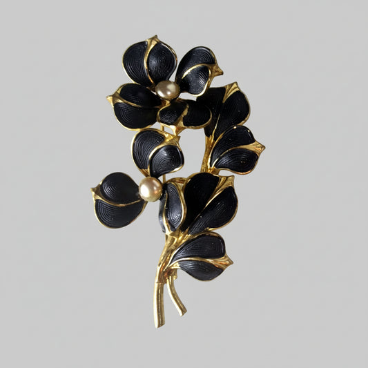 Vintage Gold-Tone Black Enamel Floral Spray Brooch Faux Pearl Leaf Costume Pin