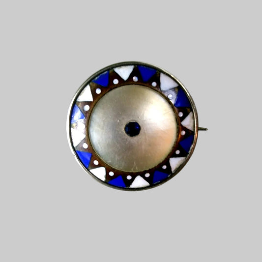 Vintage Sterling Silver Mother of Pearl Brooch Art Deco Blue Enamel Geometric