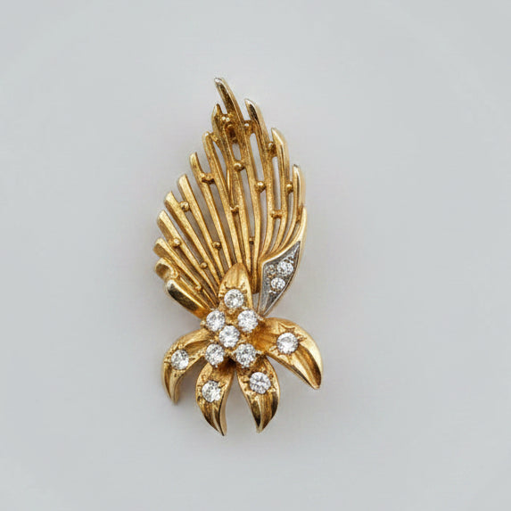 Vintage Gold-Tone Feather Fan Brooch Clear Rhinestone Figural 1960s Costume Pin