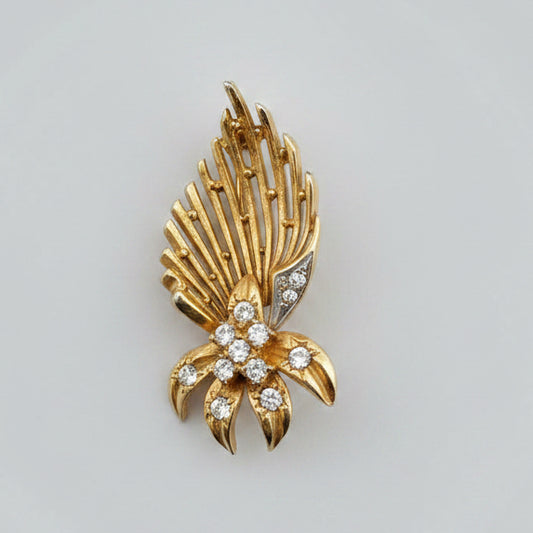 Vintage Gold-Tone Feather Fan Brooch Clear Rhinestone Figural 1960s Costume Pin