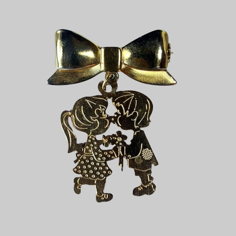 Vintage Gold-Tone Bow Poodle Girl Figural Brooch Mid-Century Costume Animal Pin