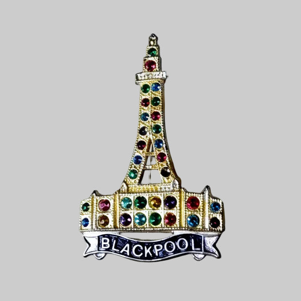 Vintage 1960s Gold-Tone Blackpool Tower Brooch Rhinestone Souvenir England UK