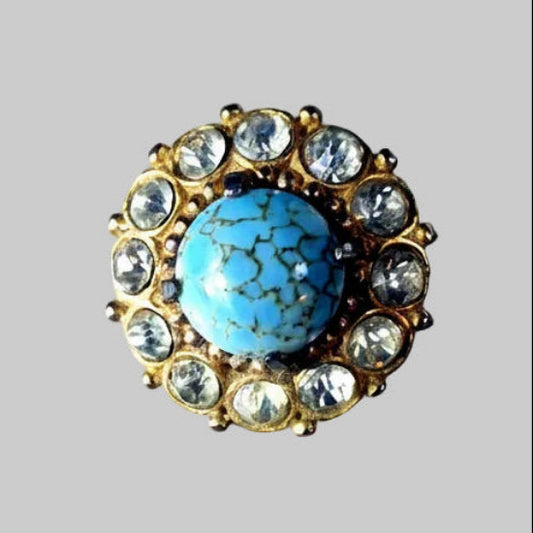 Vintage 1960s Gold-Tone Blue Cabochon Cluster Brooch Clear Rhinestone Round UK