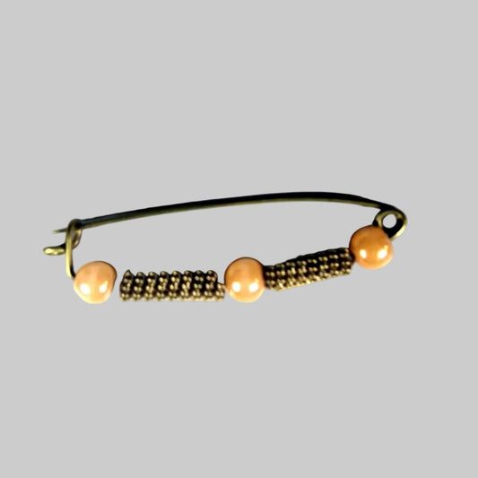 Vintage Gold Tone Cream Beaded Brooch Mid Century Modern Figural Drop Safety Pin