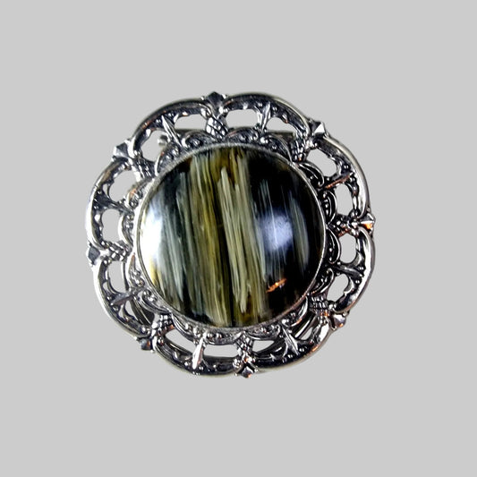 Vintage Silver-Tone Filigree Round Brooch Open Work Cabochon Pin Costume 1970s