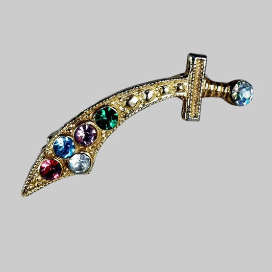 Vintage Gold-Tone Multi Rhinestone Religious Cross Sword Brooch Figural Costume