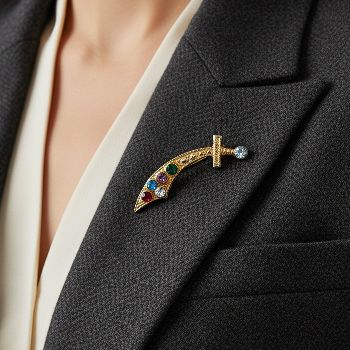 Vintage 1970s Gold-Tone Multi Rhinestone Religious Cross Sword Brooch Figural