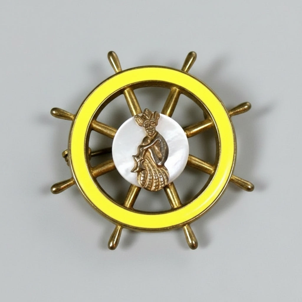 Vintage Gold-Tone Yellow Enamel Ships Wheel Brooch Nautical Figural Lapel Pin