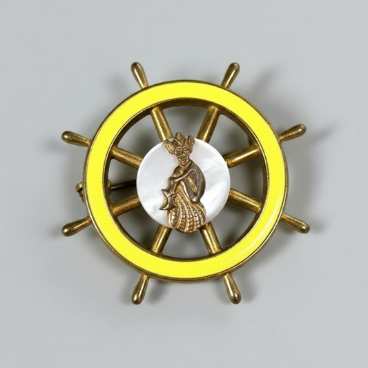 Vintage Gold-Tone Yellow Enamel Ships Wheel Brooch Nautical Figural Lapel Pin