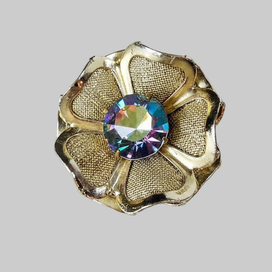 Vintage Gold-Tone Floral Brooch AB Aurora Borealis Rhinestone Pin Lapel Costume
