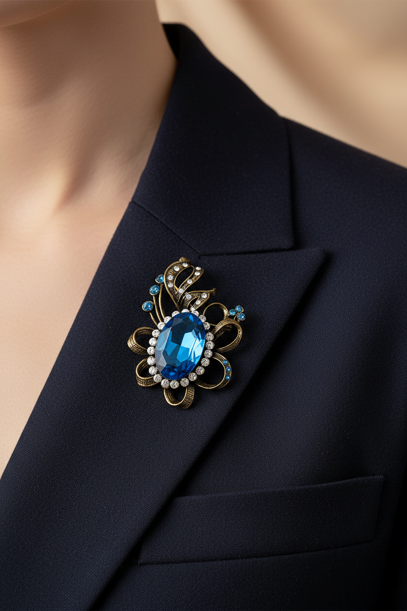 Vintage 1970s Blue Stone Brooch Gold-Tone Scrollwork Signed Art Nouveau Revival