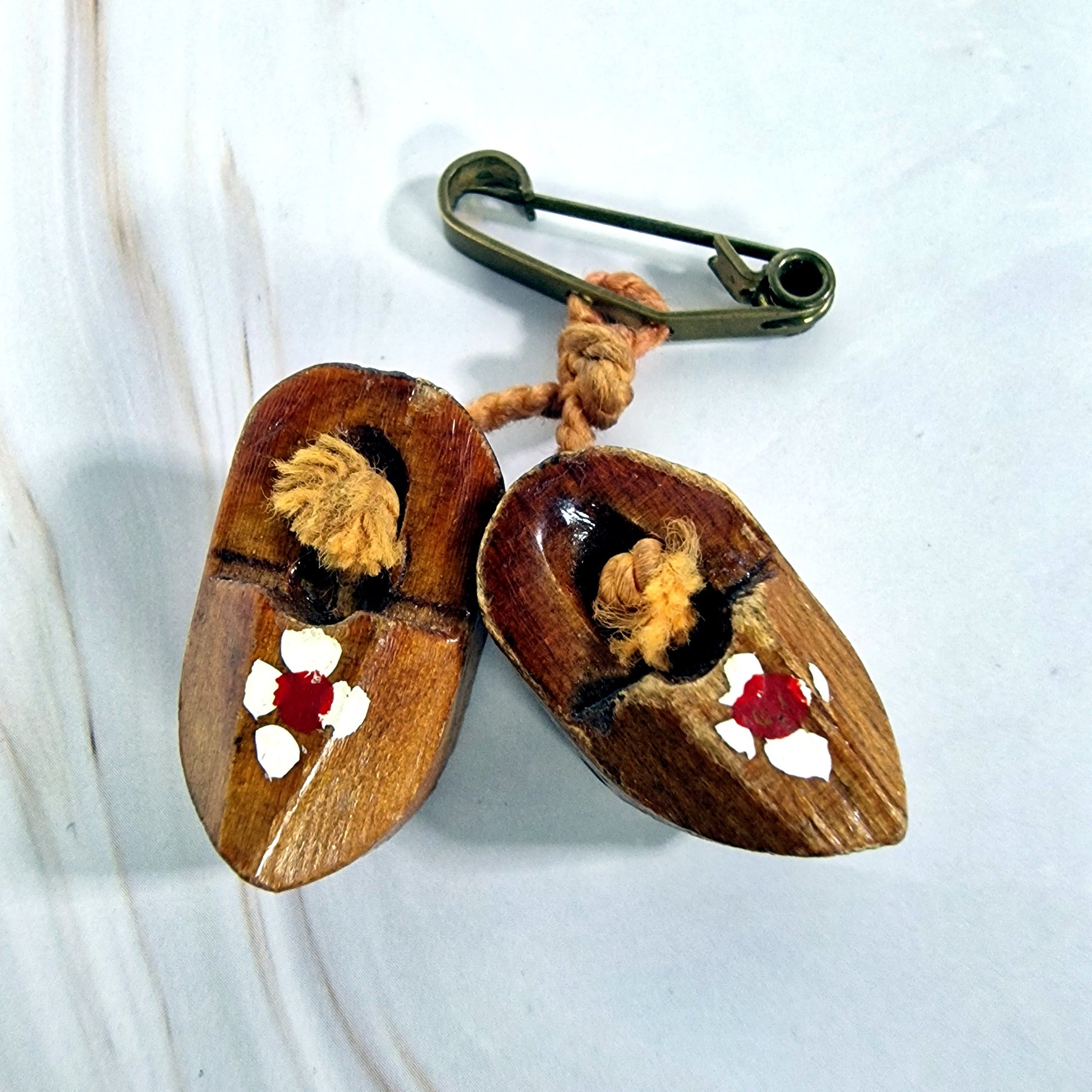 Vintage Wooden Clog Brooch, Miniature Folk Art Shoes Pin, Painted Enamel Floral, Souvenir Costume Jewelry