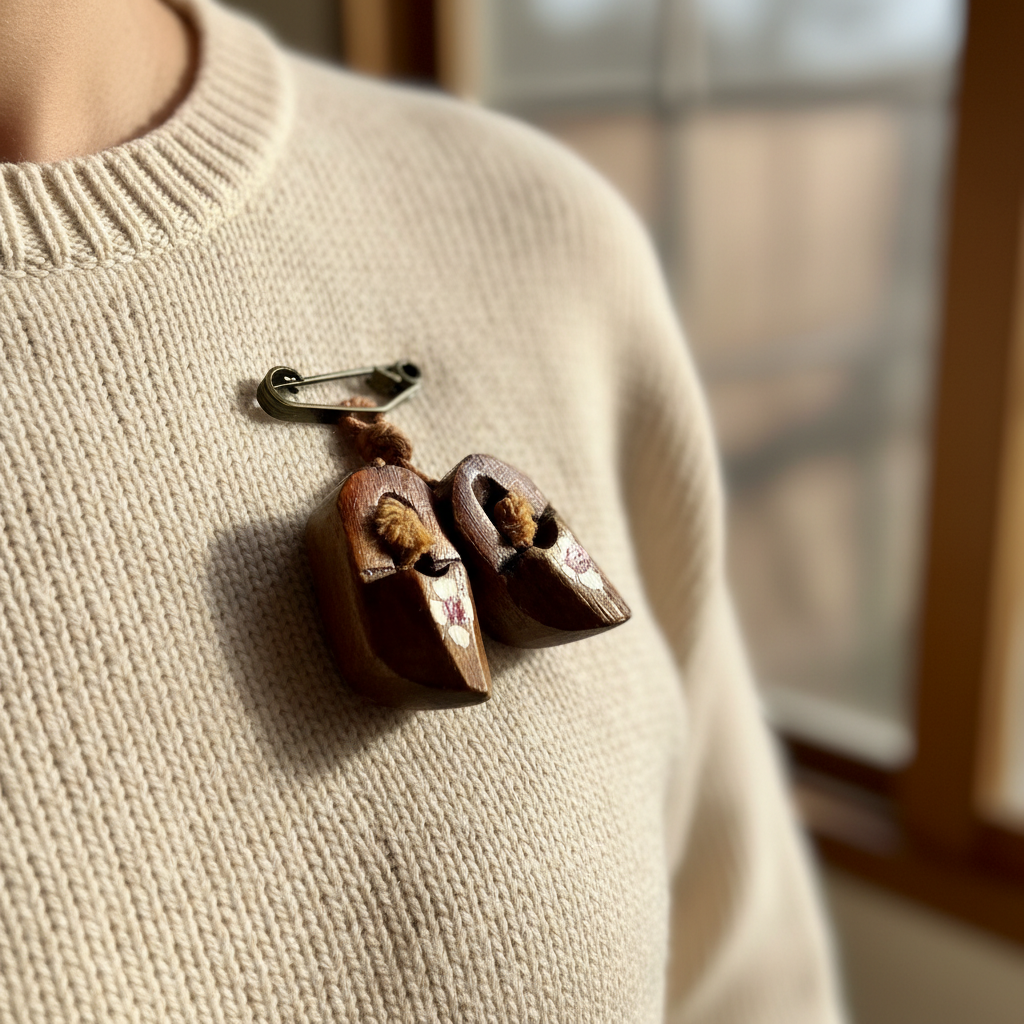 Vintage 1970s Wooden Dutch Clogs Figural Brooch Floral Novelty Folk Art Retro