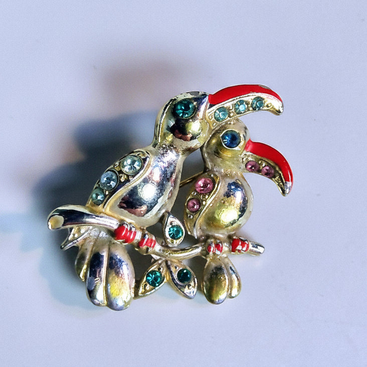 Vintage Gold-Tone Two Parrots Brooch Enamel Rhinestone Figural Bird Pin