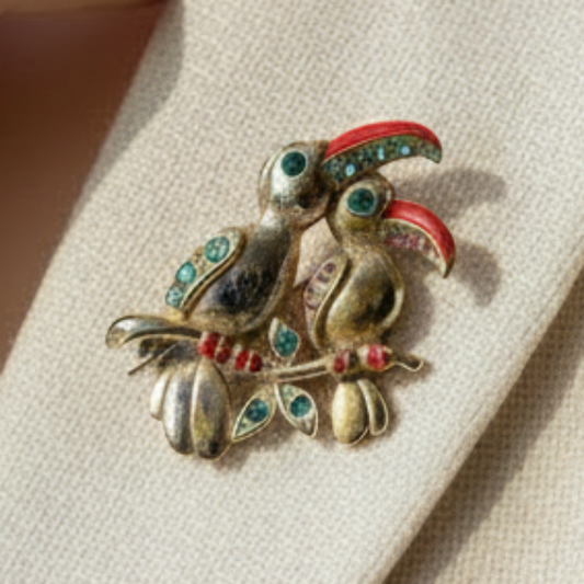 Vintage Gold-Tone Two Parrots Brooch Enamel Rhinestone Figural Bird Pin Mid Cent