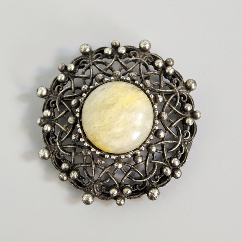 Vintage Silver-Tone Filigree Brooch White Stone Cabochon Round Pin