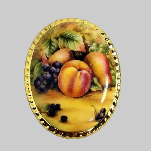 Vintage Gold-Tone Fruit Still Life Brooch Painted Oval Figural Pin