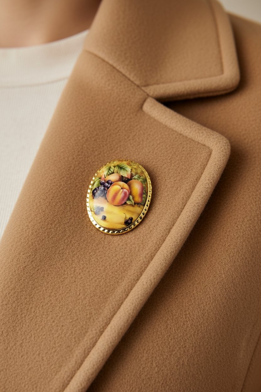 Vintage 1950s English Bone China Painted Fruit Still Life Brooch Gold-Tone UK