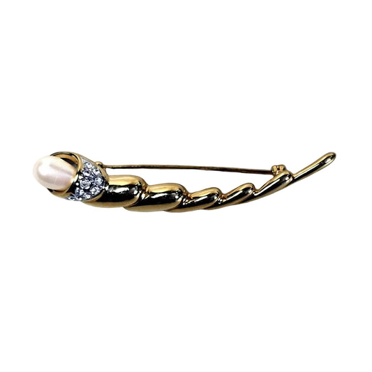 Vintage Gold-Tone 1980s Elongated Brooch Faux Pearl Rhinestone Figural Bar Pin