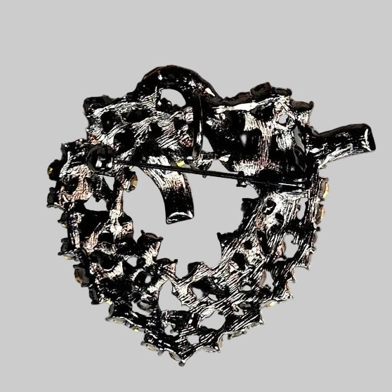 Vintage Dark Metal Rhinestone Heart Brooch Amber Topaz Crystal Costume Pin – photo 6