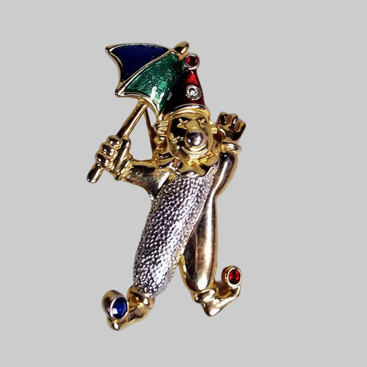 Vintage Gold-Tone Enamel Clown Jester Brooch Figural Rhinestone Lapel Pin Retro