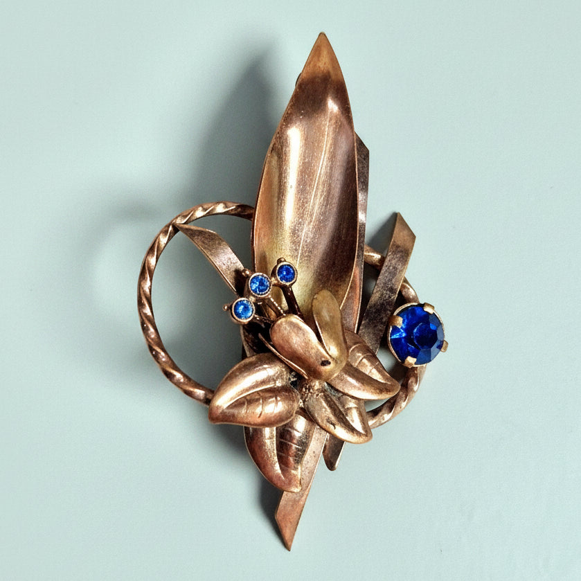 Vintage Copper-Tone Botanical Leaf Brooch Blue Glass Stone Floral Lapel Pin