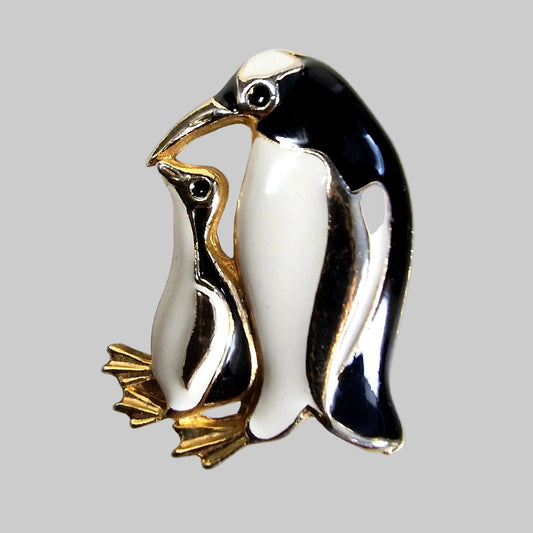 Vintage 1960s Black White Enamel Penguin Brooch Figural Mother Baby Gold-Tone