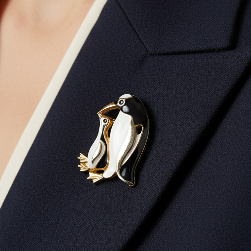 Vintage 1960s Black White Enamel Penguin Brooch Figural Mother Baby Gold-Tone