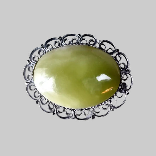Vintage Silver-Tone Filigree Brooch Oval Green Cabochon Scroll Retro Lapel Pin