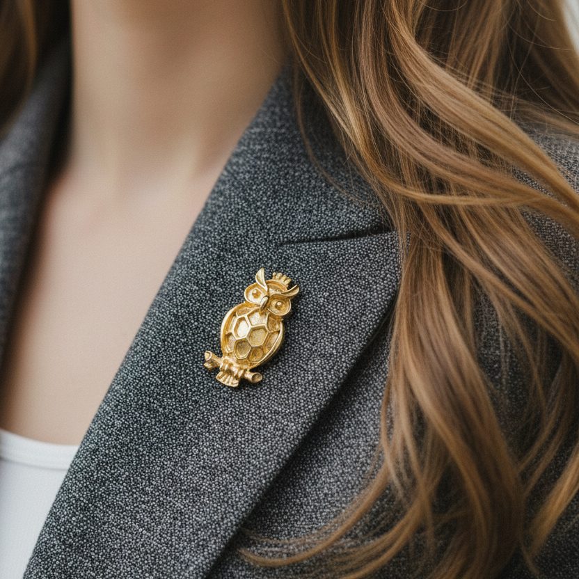 Vintage Hollywood 1970s Gold-Tone Owl Brooch Signed Figural Bird Pin Animal UK