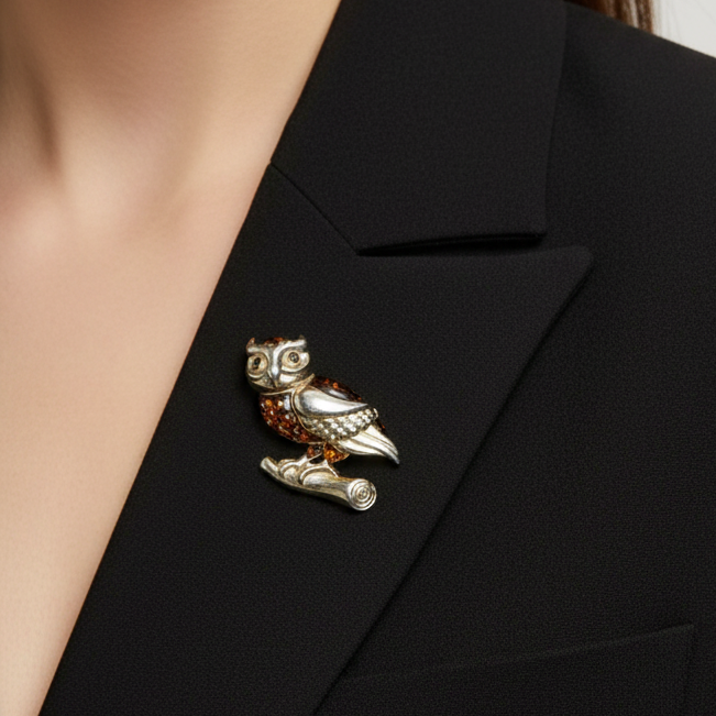 Vintage Gold-Tone Figural Owl Brooch Animal Enamel Costume Jewelry Figural Pin