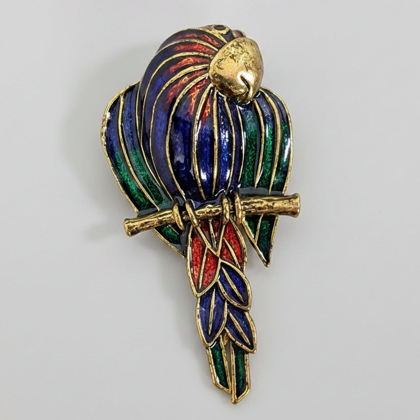 1970s Gold-Tone Enamel Parrot Brooch, Multicolour Figural Bird Pin, Cloisonne Style, Retro Costume Jewelry, Vintage Animal Brooch