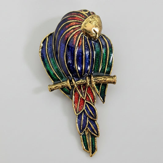 1970s Gold-Tone Enamel Parrot Brooch, Multicolour Figural Bird Pin, Cloisonne Style, Retro Costume Jewelry, Vintage Animal Brooch