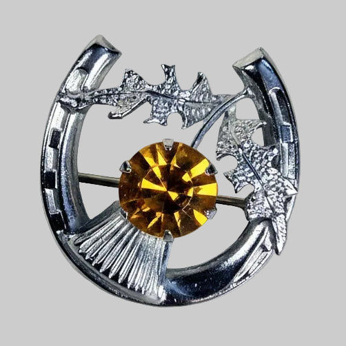 Vintage Silver-Tone MIZPAH Horseshoe Brooch Scottish Thistle Sentimental Pin